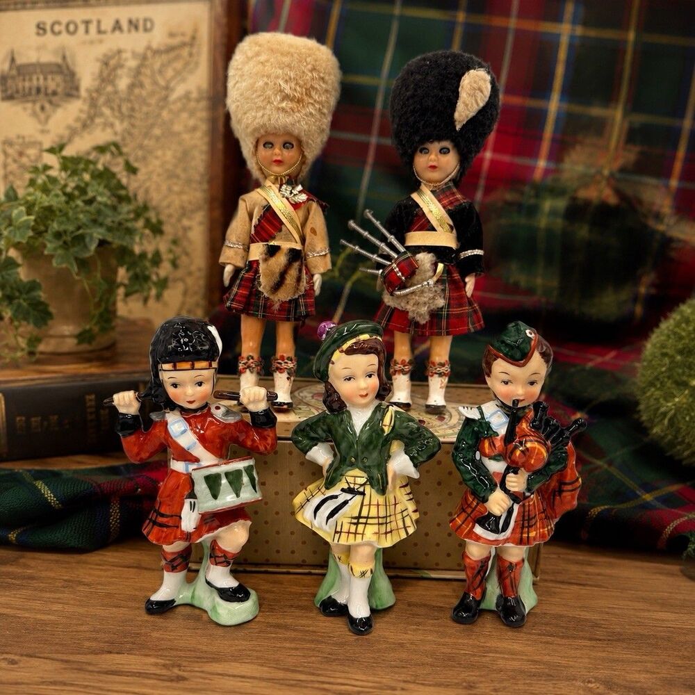 Vintage Scottish Collectible Lot Sleep Eye Dolls Drummer Dancer Bagpipe Highland